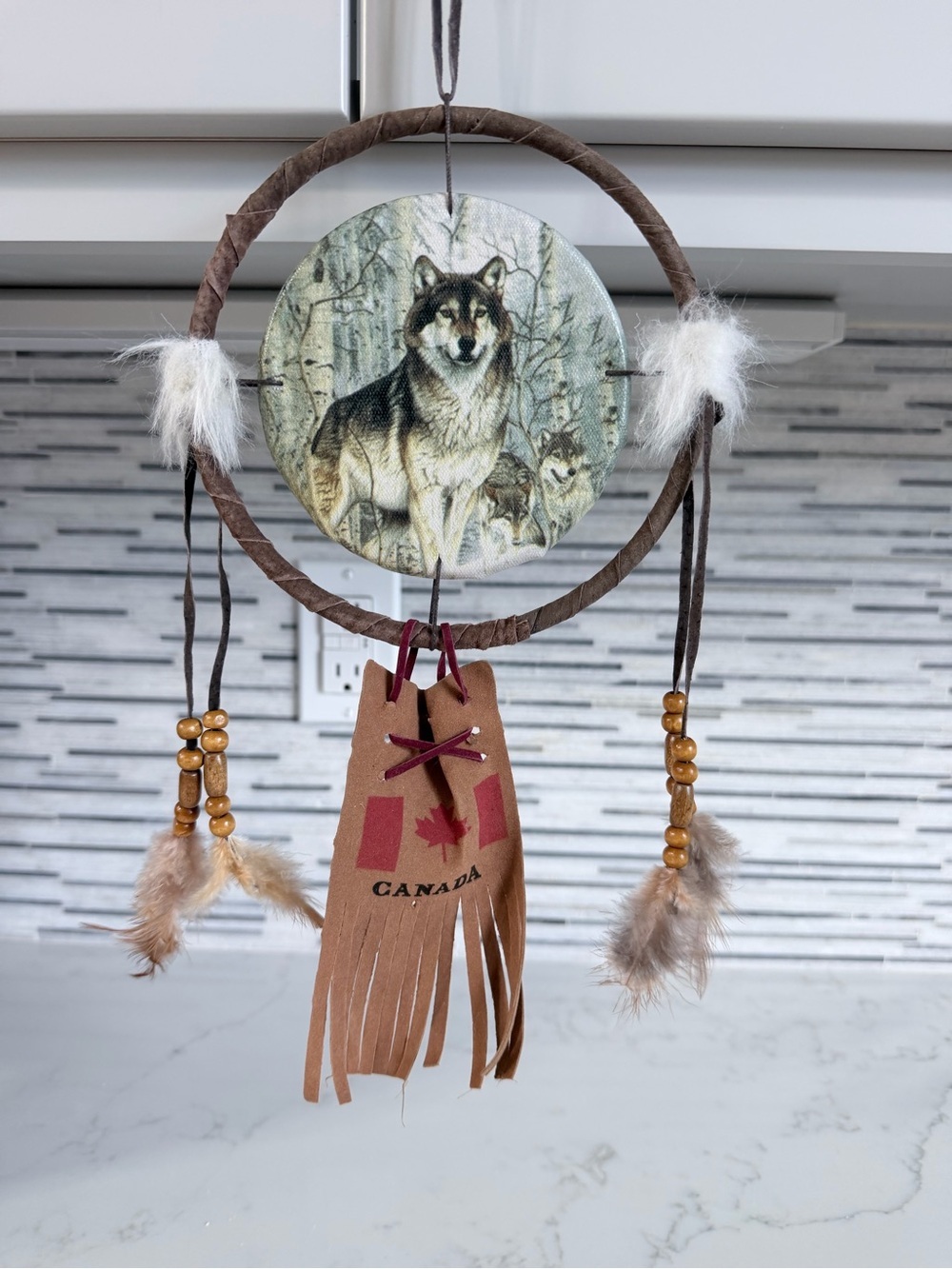 Canada Wolf Dreamcatcher Wall Decor in Brown and Beige